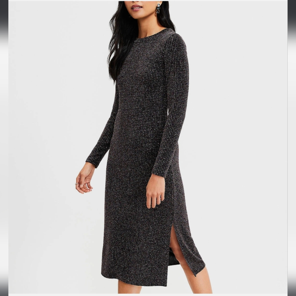 LOFT Shimmer Black Metallic Midi Dress, Long Sleeve, Size XL - Picture 3 of 11
